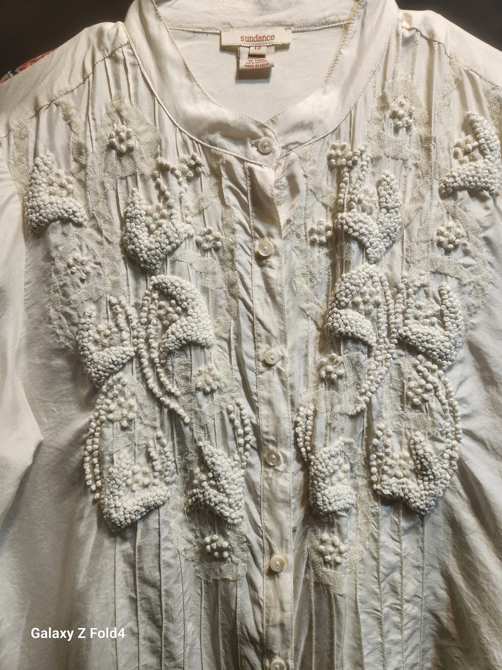 Sundance Ivory Beaded Pintuck Button-Down Blouse Sz12 - Picture 4 of 15